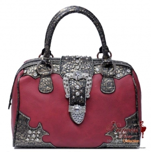 Western Designer Inspired Hand Bag w/ Rhinestone and Stud Decor and a Flip-Over Buckle Closure